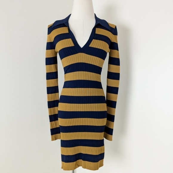 Striped Ribbed Mini Dress Long Sleeve 70’s Style Twik Soft Bodycon Tight Fitted - Picture 3 of 14